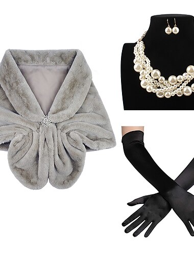  Set mit Schals aus Kunstfell, Brosche mit Strasssteinen, Halskette aus Kunstperlen, Ohrringen, lange Opernhandschuhe, Damen-Braut, Hochzeit, Winter, 1920er-Jahre, Braut-Stola und Schals aus