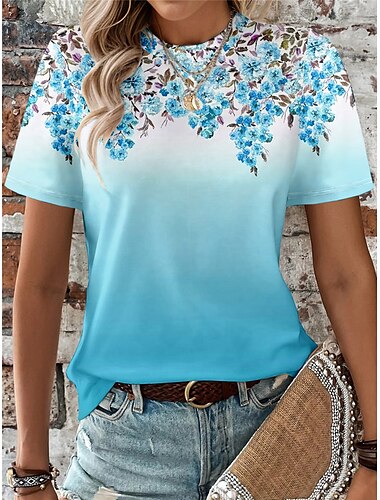  Damen T-Shirt mit modischem Aufdruck, kurzärmelig, normale Oberteile, Rundhalsausschnitt, für den Alltag, Wochenende, Rosa, Blau, Grün, Sommer