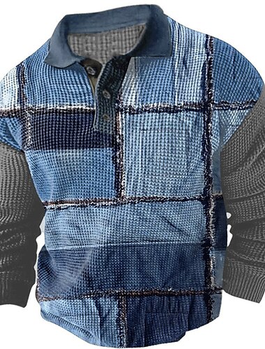  Herren Karomuster Waffel-Poloshirts Golfshirt Langarm Polo-Shirts Hemden mit Kragen Vintage Lässig Urlaubskleidung Formelle Kleidung Festivalkleidung Knöpfe 3D-Druck Herbst Winter Schwarz Blau Braun