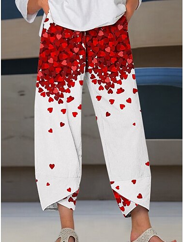  Mujer Pantalones de lino Chinos Poliéster Estampado Media cintura Rojo Primavera verano
