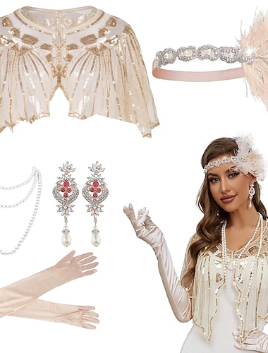  Elegant Vintage Jaren 1920 Handschoenen Ketting Jaren '20 flapper hoofdband Ketting Oorbel The Great Gatsby Bruiloftsgast Veer kralen Dames Nieuwjaar Maskerade Prestatie Huwelijksreceptie