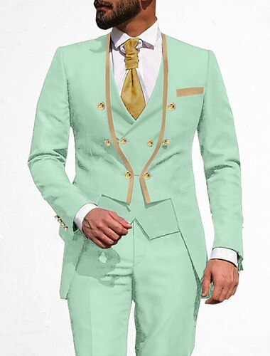  Herren Hochzeit Party Anzüge Suits Hellblau Schwarz Einfarbig Reguläre Passform 3-teiliges Set Zweireihig 6 Knöpfe