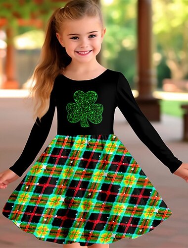  st. Patrick Mädchen 3D-Kleid Langarm 3D-Druck Frühling Herbst Sport & Outdoor, Alltag, Urlaub, süß, lässig, schön, für Kinder von 3–12 Jahren, lässiges Kleid, A-Linien-Kleid, oberhalb des Knies,