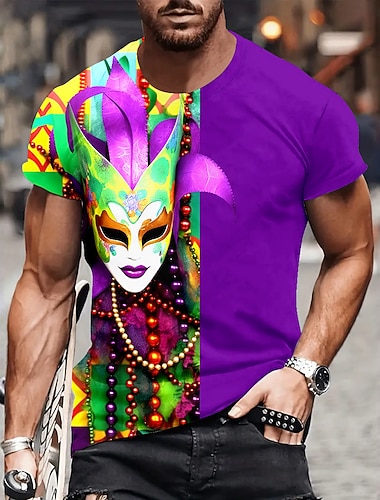  Homens Gráfico Penas Máscara Carnaval Manga Curta Camiseta Impressão 3D Gola Redonda Camisa Moda Artistíco Abstracto Festa Casual Feriado Roxo Dourado Verde Verão Roupa Normal S M L XL XXL XXXL