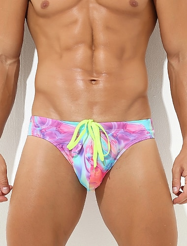  Ανδρικά Swim Brief Καθημερινά Παραλία Αναπνέει Γρήγορο Στέγνωμα Κορδόνι Ελαστική μέση Γεωμτερικό σύντομο Αθλητισμός Καθημερινό Ρούχα Γυμναστικής Κίτρινο Θαλασσί Μικροελαστικό