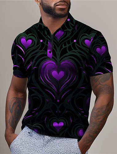  valentinsdag hjerte mænds afslappet print 3d udendørs dagligt slid streetwear polyester korte ærmer turndown polo shirts rød blå forår&amp; sommer s m l mikroelastik