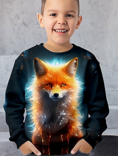  Мальчики 3D Лиса Толстовка Pullover Длинный рукав 3D печать Весна Осень Мода Уличный стиль Круто Полиэстер Дети 3-12 лет Вырез под горло на открытом воздухе Повседневные Стандартный
