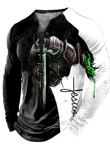  Herren Grafik Tempelritter Glaube T Shirt Langarm T-Shirt 3D-Druck Kragen Hemd Mode Täglich Outdoor Lässig Ferien Ausgehen Blau Rot Grün Frühling & Herbst Bekleidung S M L XL 2XL 3XL