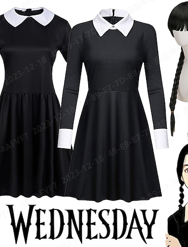  środa dla dorosłych sukienka rodzina addamsów damska goth gotycka sukienka rozkloszowana film cosplay kostium impreza mała czarna sukienka bal maskowy w środę peruka addamsów śliczne naturalne