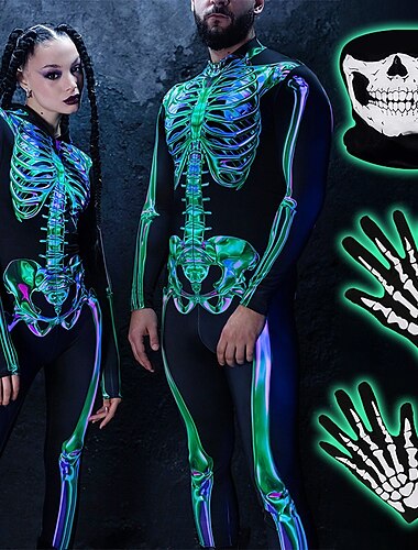  Crâne / Squelette Costume de Cosplay Gants Masque Homme Femme Cosplay de Film Déguisement effrayant Noir Violet Vert Collant / Combinaison Halloween Carnaval Mascarade Polyester