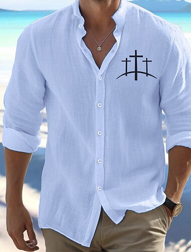  Men's Shirt Beach Shirt Button Up Shirt Letter Outdoor Vacation White Long Sleeve Standing Collar Spring &  Fall Clothing Apparel Print