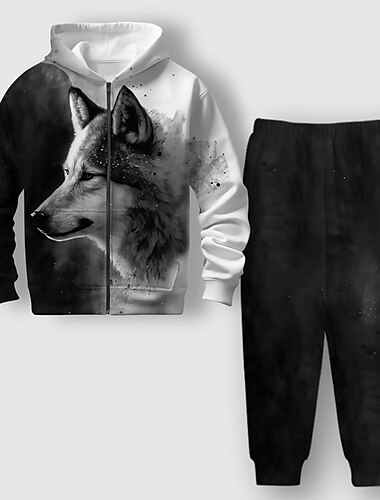  Garçon 3D Loup Ensemble sweat à capuche et pantalon de survêtement manche longue 3D effet Printemps Automne Actif Mode Frais Enfants 3-12 ans Fermeture Eclair Capuche Extérieur Vacances Plein Air