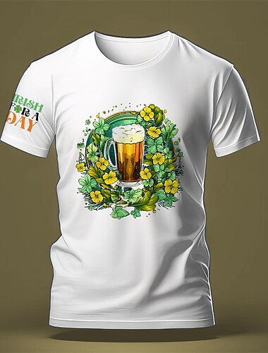  St. Patrick's Day Blumen Oktoberfest Bier St. Patrick's Day T-Shirt in Schwarz, Weiß, Blau, für Herren, grafisches T-Shirt aus Baumwollmischung, Sport, klassisches T-Shirt, kurzärmlig, bequemes
