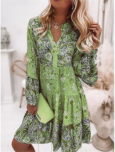  Damen Minikleid Freizeitkleid Boho-Kleid Frühlingskleid Streetwear Urlaub Straße Ferien Normale Passform Blumen Langarm V-Ausschnitt Rosa Blau Orange Grün Sommer Frühling