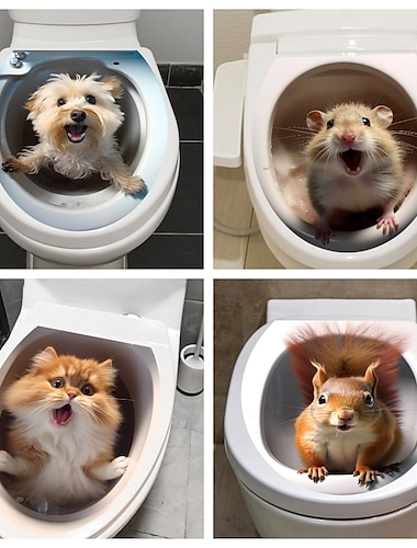  Adesivo per toilette da bagno per animali da cucciolo di gatto 3D, adesivo da parete per la decorazione della casa, adesivo autoadesivo impermeabile e resistente all'olio