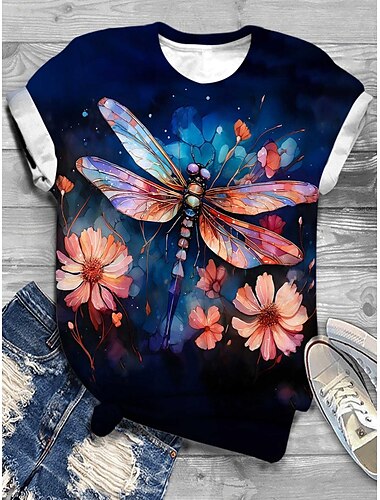 Damen T-Shirt modisch Blumendruck Kurzarm normale Oberteile Rundhalsausschnitt Alltag Wochenende Gelb Blau Orange Sommer