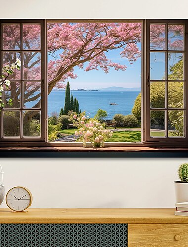  لوحة فنية جدارية من القماش على شكل نافذة زائفة لأزهار الكرز الربيعية ومطبوعات وملصقات صور لوحة قماشية مزخرفة لغرفة المعيشة بدون إطار
