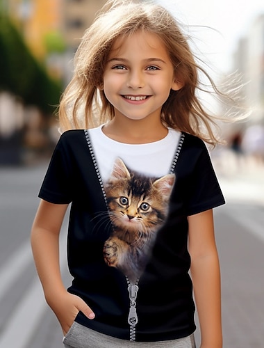  女の子 3D 猫 Ｔシャツ シャツ 半袖 3Dプリント 夏 活発的 ファッション かわいいスタイル ポリエステル 子供 3〜12年 クルーネック アウトドア カジュアル 日常 レギュラー