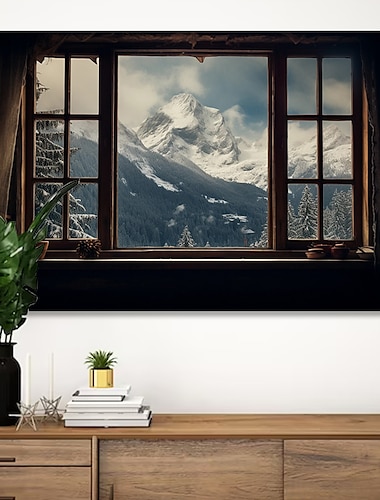  لوحة فنية جدارية من القماش على شكل نافذة زائفة للشتاء وجبال ثلجية وملصقات وصور للوحة قماشية مزخرفة لغرفة المعيشة بدون إطار