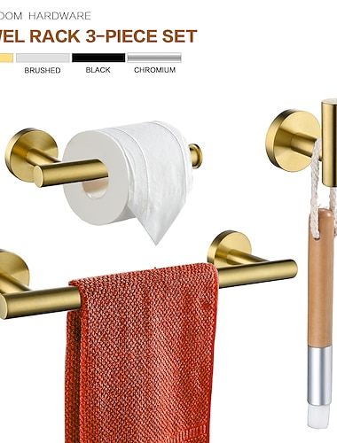  Juego de toallero de baño de acero inoxidable de 3 piezas - incluye barra para toallas, portarrollos y gancho - disponible en 4 acabados: cromo pulido, níquel cepillado, negro y oro cepillado