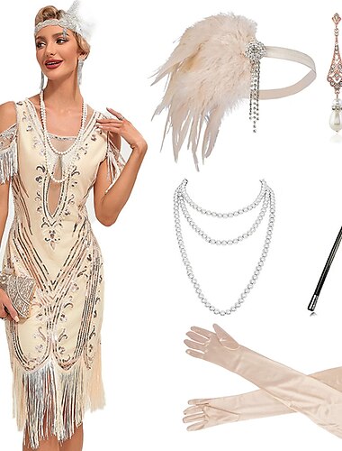  setti läppämekolla höyhen pääpanta tekohelmikaulakoru pitkät oopperahanskat tupakkapidike korvakorut naisten möly 20-luvun 1920-luvun asut cocktailmekko gatsby flapper tyttö naamiaiset juhlapuvut