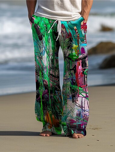  Farveblok Graffiti Abstrakt Herre 3D-udskrivning Bukser udendørs Dagligdagstøj Streetwear Polyester Gul Mørk Lilla Rød S M L Medium Talje Elasticitet Bukser