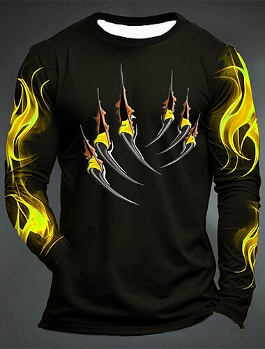  Herren Graphic Flamme Pfote T Shirt Langarm T-Shirt 3D-Druck Rundhalsausschnitt Hemd Modisch Designer Brautkleider schlicht Sports Outdoor Festtage Ausgehen Schwarz Gelb Dunkelgrün Frühling & Herbst