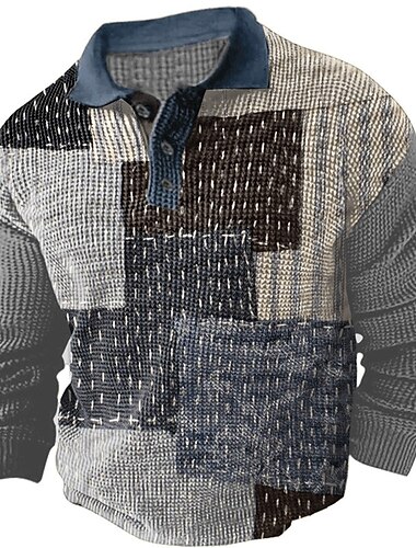  Herren Karomuster Waffel-Poloshirts Golfshirt Langarm Polo-Shirts Hemden mit Kragen Vintage Lässig Urlaubskleidung Formelle Kleidung Festivalkleidung Knöpfe 3D-Druck Herbst Winter Schwarz