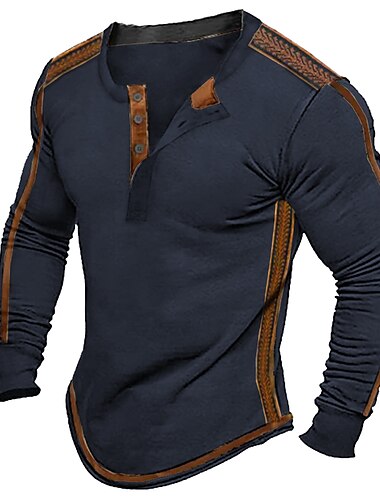  Homens Camiseta Botão Camiseta Camisa Henley T-shirt Manga Longa Henley Primavera & Outono Bloco de cor Vintage Designer Básico Patchwork Férias Rua Para Noite Preto Azul Marinho Verde Top Tee para