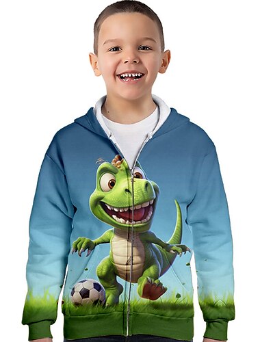  Para Meninos 3D Desenho Animado Dinossauro Futebol Americano Moletom Casaco Casacos Manga Longa Outono Inverno Ativo Roupa de rua Legal Poliéster Infantil 3-12 anos Com Zíper Rua Diário Normal