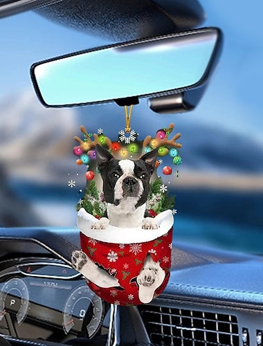  hundbil hängande prydnad, akryl 2d platttryckt nyckelring, valfri akryl prydnad och bilbackspeglar tillbehör minnespresentpaket