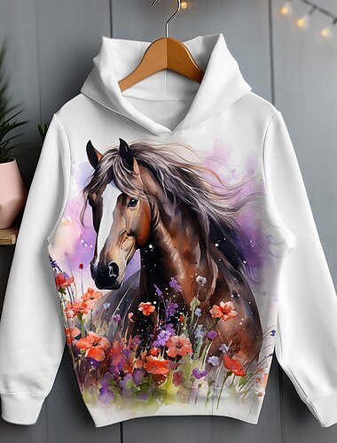  Voor meisjes 3D Bloemig Paard Trui met capuchon Pullover Lange mouw 3D-afdrukken Lente Herfst Actief Modieus leuke Style Kinderen 3-12 jaar Capuchon Buiten Casual Dagelijks Normale pasvorm