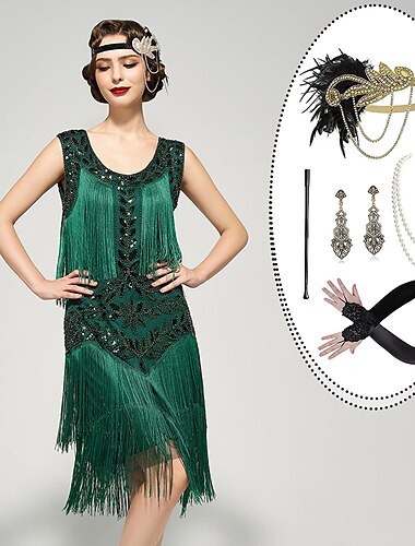  Set mit Flapper-Kleid, Feder-Stirnband, Kunstperlen-Halskette, langen Opernhandschuhen, Zigarettenspitze, Ohrringen, Damen-Outfits der 20er und 1920er Jahre, Cocktailkleid, Gatsby,