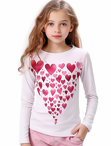  Valentijnskaarten Voor meisjes 3D Hart T-shirt Overhemden Roze Lange mouw 3D-afdrukken Herfst Winter Actief Modieus leuke Style Polyester Kinderen 3-12 jaar Strakke ronde hals Buiten Casual Dagelijks