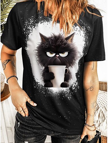  Damen T Shirt Katze Modisch Lustig Kurzarm Rundhalsausschnitt Normale Oberteile Täglich Wochenende Bedruckt Schwarz Sommer