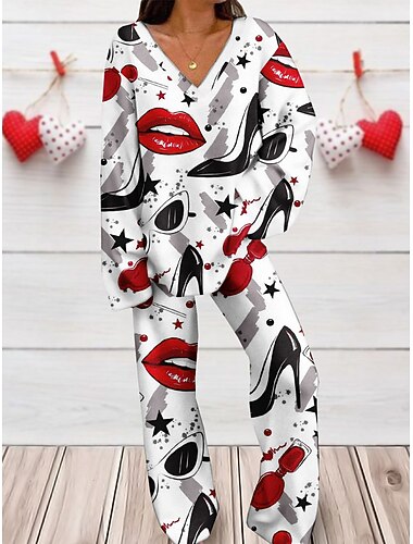  Valentin Kvinnors Loungewear Set 2 Delar Hjärta Mode Komfort Mjuk Hem Daglig Spandex Andningsbar V-Dra Lång Ärmar T shirt Tee Byxor Sommar Vår Hem Kläder