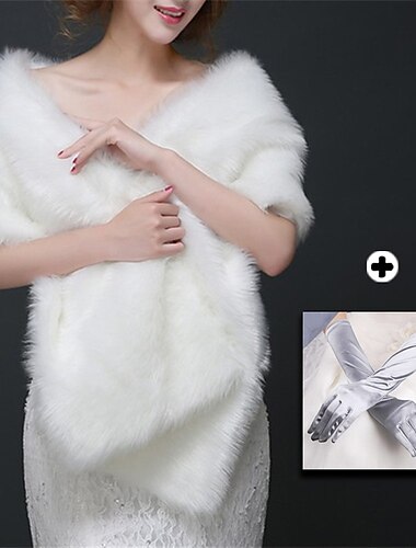  kvinner antrekk hvit fuskepels wraps sjal dame wrap ren elegant ermeløs fuskepels bryllup wraps med fjær / pels for bryllup høst&amp; vinter&amp; et par hansker