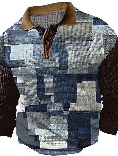 Herren Karomuster Waffel-Poloshirts Golfshirt Langarm Polo-Shirts Hemden mit Kragen Vintage Lässig Urlaubskleidung Formelle Kleidung Festivalkleidung Knöpfe 3D-Druck Frühling Schwarz Marineblau Braun