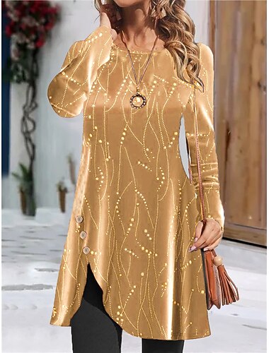  kvinners paljett fløyel fløyelskjole t-skjorte kjole t-kjole print knapp delt rund hals mini kjole fest nyttår lange ermer høst vinter