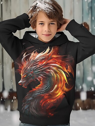  Para Meninos 3D Dragão Moletom Pullover Manga Longa Impressão 3D Primavera Outono Moda Roupa de rua Legal Infantil 3-12 anos Com Capuz Ao ar livre Casual Diário Normal