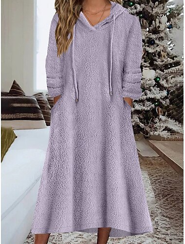  Camisón de mujer para estar en casa, color puro, informal, cómodo, suave, para el hogar, para salir a diario, forro polar coral, terciopelo coral, cálido, con capucha, manga larga, para otoño e
