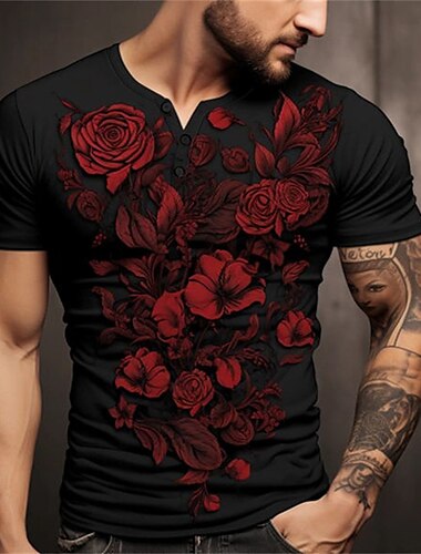  Voor heren roze Grafisch Valentijnsdag T-shirt Henley-shirt Korte mouw 3D-afdrukken Modieus Retro vintage Klassiek Buitensporten Feestdagen Uitgaan Lente zomer Zwart Rood Henley Henley-T-shirt