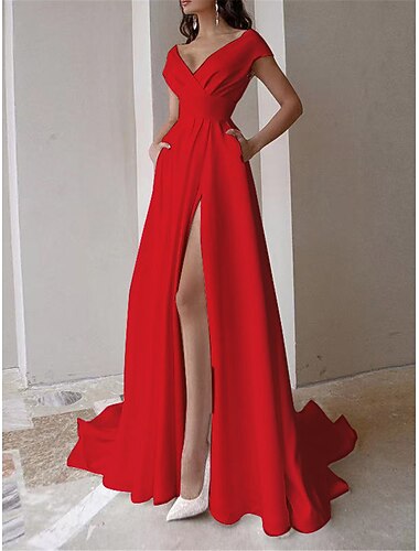  Dame Hvit kjole Ballkjole Festkjole Drapering Lomme V-hals Kortermet Bryllupsgjest Spesiell Leilighet Elegant Svart Hvit Sommer Vår