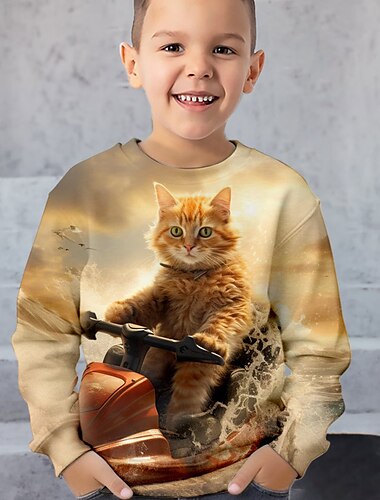  Мальчики 3D Кот Толстовка Pullover Длинный рукав 3D печать Весна Осень Мода Уличный стиль Круто Дети 3-12 лет Вырез под горло на открытом воздухе Повседневные Стандартный
