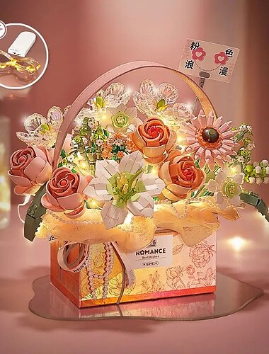  cadeaux pour la fête des femmes nouveau bloc de construction fleur rose bloc de construction jouet poudre magique bouquet de fleurs portable boîte cadeau série cadeaux pour les filles saint valentin