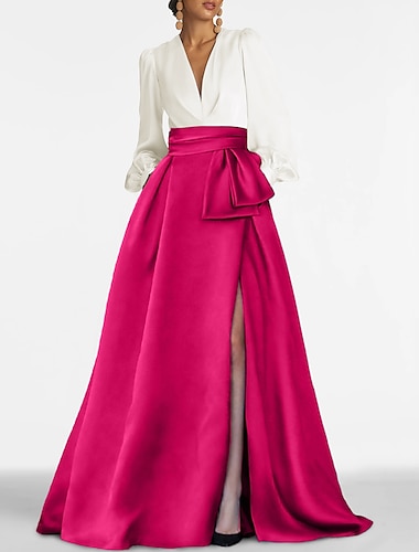  Βραδινό Φόρεμα A-Line Elegant Formal Γάμου Sweep  Brush Train Long Sleeve V Neck Satin με Πτυχώσεις Σκίσιμο 2025