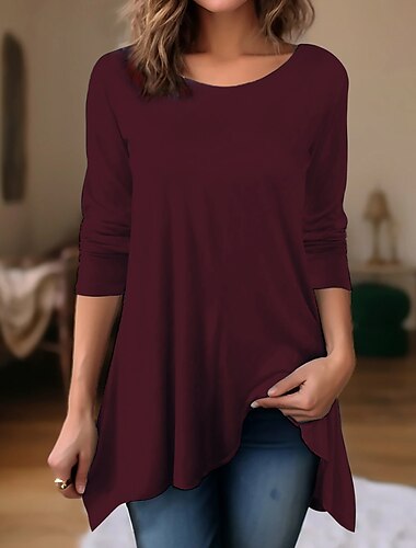  Damen Tunika T-Shirt Einfarbig Mode täglich Basic Lange Ärmel Rundhals Lange Oberteile Lässig täglich Wochenende Fließende Tunika Schwarz Weiß Rot Herbst  Winter