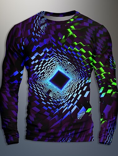  Herren Graphic Geometrisch 3D-Druck Visuelle Täuschung Langarm T-Shirt 3D-Druck Rundhalsausschnitt Hemd Täglich Designer Künstlerisch Party Casual Festtage Blau Dunkelgrün Purpur Herbst Frühling