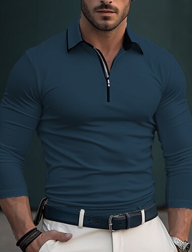  Men's Polo Shirt Quarter Zip Polo Work Daily Wear Lapel Long Sleeve Fashion Comfortable Plain Zip Up Spring &  Fall Regular Fit White Navy Blue Brown Polo Shirt