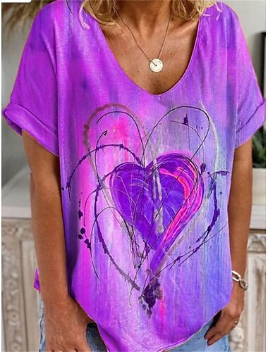  Valentins Frauen Herz T-Shirt Süßes rotes Tee Druck Wochenendmode Kurzarm V-Hals roter Sommer Frühling  Herbst